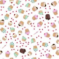 Cupcakes pattern illustration. Seamless print with pastry set. Vector bakery background.Hand draw style