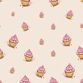 Cupcakes with pink cream Hand drawn sketch on pink background.seamless pattern vector