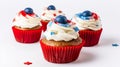 Cupcakes with red, white, blue frosting. AI generative sweets for Independence day, Fourth of July. Royalty Free Stock Photo