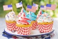 Cupcakes with red-white-and-blue frosting and American flags