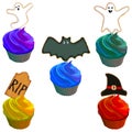 Cupcakes with red, yellow, green, purple cream. Cupcakes with biscuits in the form of bat, gravestone, witch hats. Set Royalty Free Stock Photo