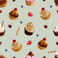 Cupcakes seamless pattern. Cakes with cream illustration. Vector Royalty Free Stock Photo