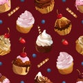 Cupcakes seamless pattern. Cakes with cream illustration. Vector Royalty Free Stock Photo