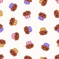 Cupcakes, seamless pattern. Sweet chocolate muffins, choco pastry texture design. Endless background, repeating print