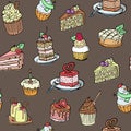 Cupcakes seamless vector pattern sketch style on retro brown background. Sweet cakes background design. Illustration Royalty Free Stock Photo