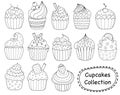 Black and white sweet cupcakes set for coloring book. Yummy dessert outline