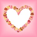 Cupcakes, sweets, macaroons, pastries vector heart frame on pink background.