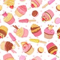 Cupcakes, sweets and pastries seamless vector pattern with pink hearts