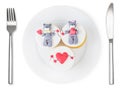 Cupcakes with teddy bear and hearts on plate isolated
