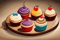 Cupcakes on a wooden board with different color icing and cherries, sweet snack, Vector illustration, generative ai Royalty Free Stock Photo