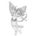 Vector hand-drawn silhouette of outline Cupid girl with bow and arrow in black isolated on white background.