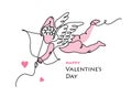 Cupid, amur vector line art card for Valentines day. One continuous lineart drawing of small angel archer with arrow and