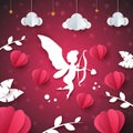Cupid, angel, heart - paper illustration. Cloud, star, leaf. Royalty Free Stock Photo