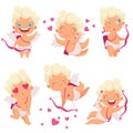 Cupid angels characters. Amur hunter baby eros greece romantic cute children with bow vector mascot poses