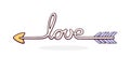 Cupid Arrow Curved into the Word Love. Valentines Day Symbol. Vector Illustration. Hand drawn Cartoon Clip Art with Outline. Royalty Free Stock Photo