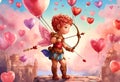 Cupid with arrows of love around heart-shaped ball