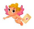 Cupid Baby Boy with Pink Wings Carry Letter in Envelope Vector Illustration