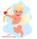 Cupid baby holding a bow with heart-shaped arrow. Happy Valentines day greeting card or poster.