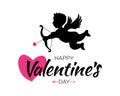 Cupid black silhouette with bow and arrow heart on white background. Valentines Day design. Flying Angel. Amur. Vector Royalty Free Stock Photo