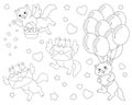 Cupid cat, love letters, balloons. Coloring book page for kids. Valentine`s Day. Cartoon style character. Vector illustration