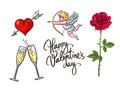 Cupid, clinking glasses of champagne, red rose, heart pierced by arrow, Happy Valentines Day handwritten text