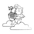 Cupid on cloud with harp sketch