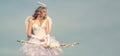 Cupid cute angel with bow and arrows. Banner. Angel teenager girl with white wings. Banner flyer template for