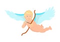 Cupid flies on the wings and holds a bow.