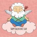 Cupid funny Yogi. Sitting in yoga posture. Valentine`s day