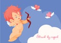 Cupid hunting with archer bow flying hearts.