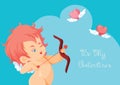 Cupid hunting with archery bow flying hearts.