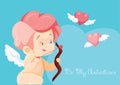 Cupid hunting with archey bow flying hearts. Cupid playing music