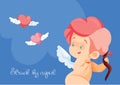 Cupid hunting with archey bow flying hearts. Cupid playing music