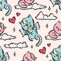 CUPID KITTEN Valentine Day Seamless Pattern Vector Illustration Royalty Free Stock Photo