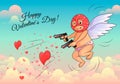 Cupid in a mask shoots hearts from pistols. Vector Royalty Free Stock Photo