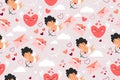 Cute Endless Pattern with Cupid, clouds and hearts. Pattern for Valentine\'s Day.