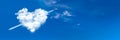 Cupid plane in a heart shaped cloud on blue panoramic sky background. Valentines day web banner