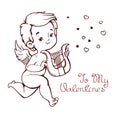 Cupid playing music on hurp to flying hearts. Fun greeting lette