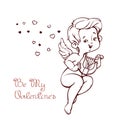 Cupid playing music on hurp to flying hearts. Fun greeting lette