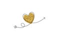 Cupid s arrow in the continuous drawing of lines in the form of a golden heart in a flat style. Continuous black line