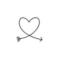 Cupid`s arrow in the continuous drawing of lines in the form of a heart in a flat style. Continuous black line. Work