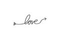 Cupid`s arrow in the continuous drawing of lines in the form of a heart and the text love in a flat style. Continuous