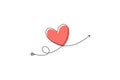 Cupid s arrow in the continuous drawing of lines in the form of a heart and the text love in a flat style. Continuous