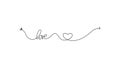 Cupid`s arrow in the continuous drawing of lines in the shape of a heart and the text of love in a flat style