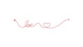 Cupid`s arrow in the continuous drawing of lines in the shape of a heart and the text of love in a flat style