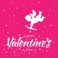 Cupid silhouette with bow and arrow heart on pink background. Valentines Day design. White flying Angel. Amur. Hearts Royalty Free Stock Photo