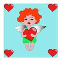 Cupid with white wings hugs red heart for Valentine's day Royalty Free Stock Photo