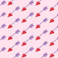 Cupids arrows seamless pattern in cartoon style. Cute arrows with hearts for Valentines Day. Vector illustration on a Royalty Free Stock Photo