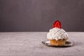 Cupkake with whipped cream decorated with strawberry on top on gray background Royalty Free Stock Photo