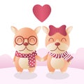 Cuple Dogs in winter scarf with heart. New Year, Merry Christmas, Anniversary, Birthday, and Valentine concept